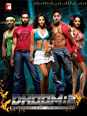 Dhoom 2 poster with Hrithik Roshan and Aishwarya Rai on a desert dune