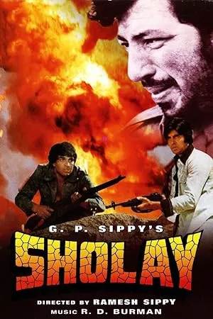 Sholay movie poster featuring Amitabh Bachchan and Dharmendra