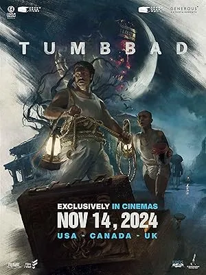 Tumbbad movie poster showing a dark, atmospheric scene with a man holding a lantern